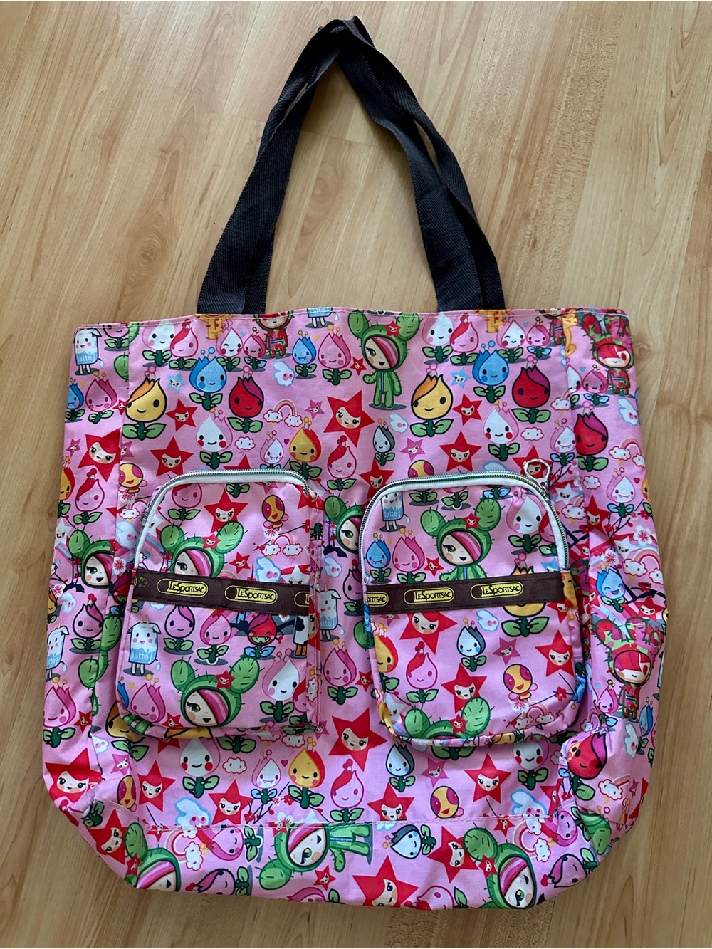 LeSportsac (Like) Pink Multicolor Character Print Tote with Black Straps